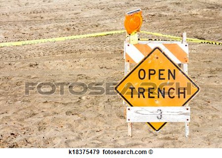 Construction Site Barrier Open Trench Warning Sign In Sand View Large