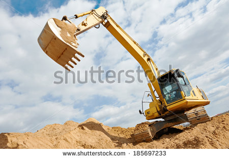 Excavator Machine At Excavation Earthmoving Work In Sand Quarry