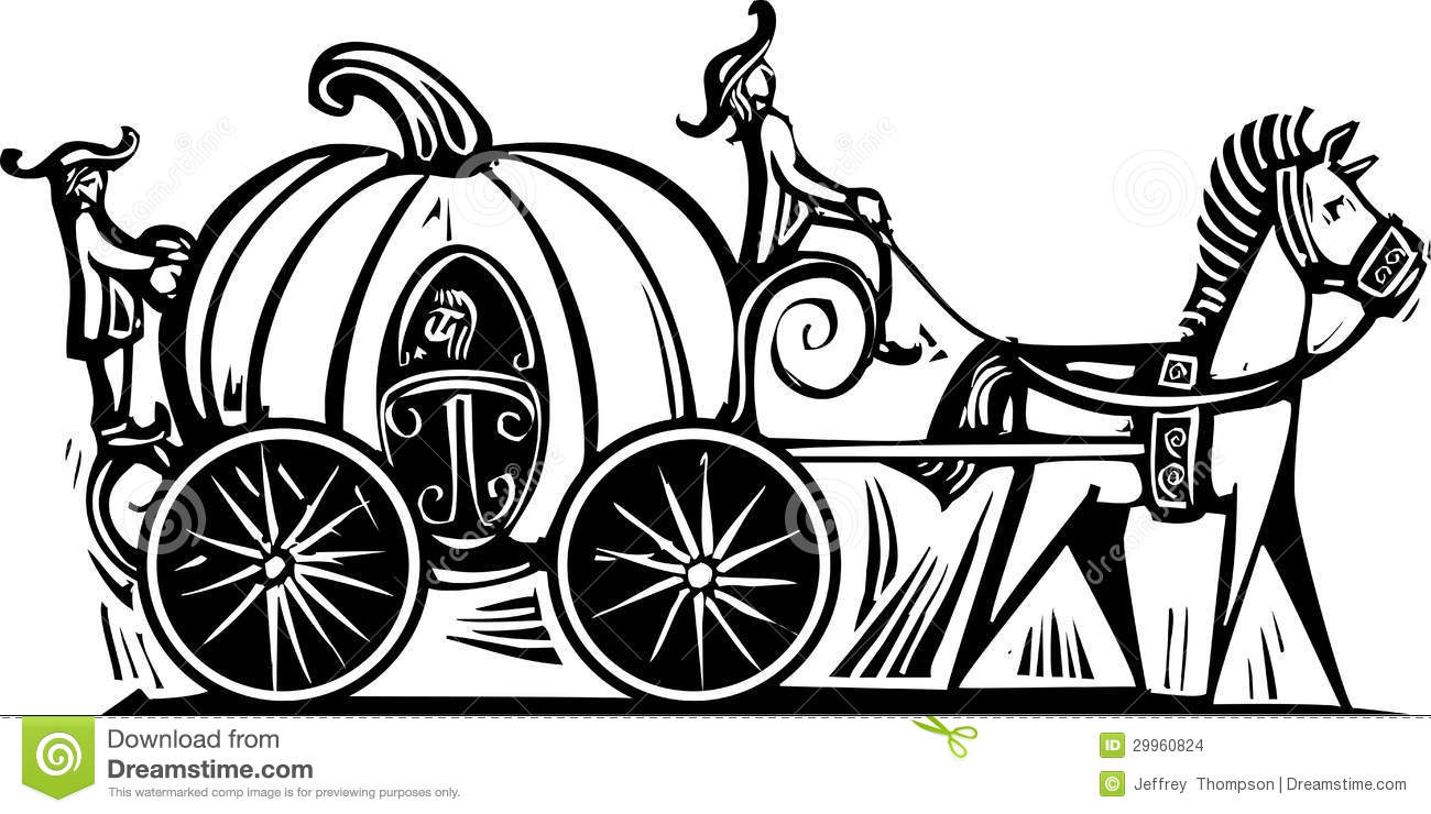 Fairytale Cinderella In Pumpkin Carriage Rendered In A Woodcut Style