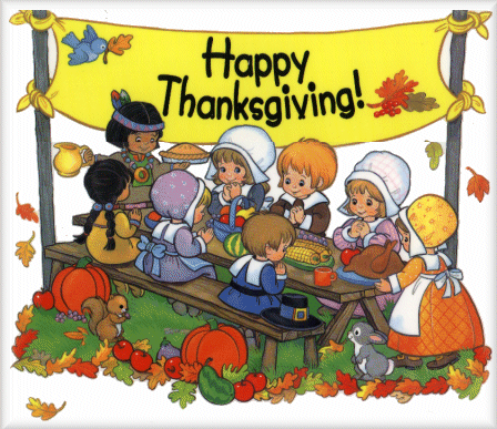 Happy Thanksgiving Graphic With Indian And Pilgrim Kids Sitting At A    