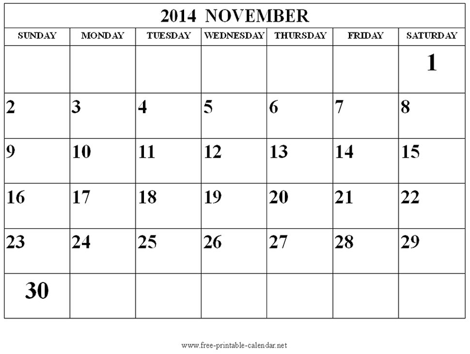 November 2014 Calendar Printable   Happy Holidays 2014