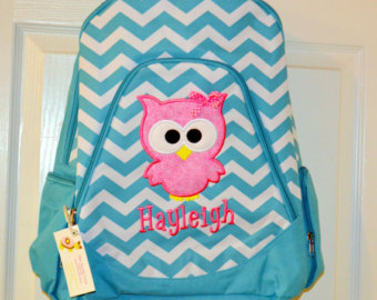 Owl Applique Girls Backpack For Bac K To School Aqua Chevron