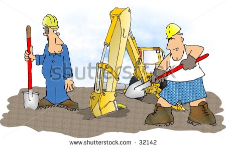 Stock Photo   Clipart Illustration Of 2 Workmen And A Backhoe