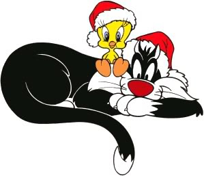 Tweety Bird Sit On Sylvester Cat With Santa Claus Hat Image For Kids
