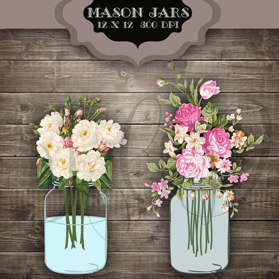 Wedding   Wedding Clip Art Mason Jars Digital Clipart   Vintage Flower