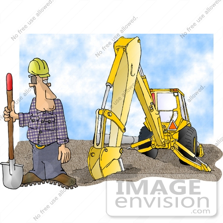 Worker Man In A Hardhat With A Shovel And Backhoe Clipart By