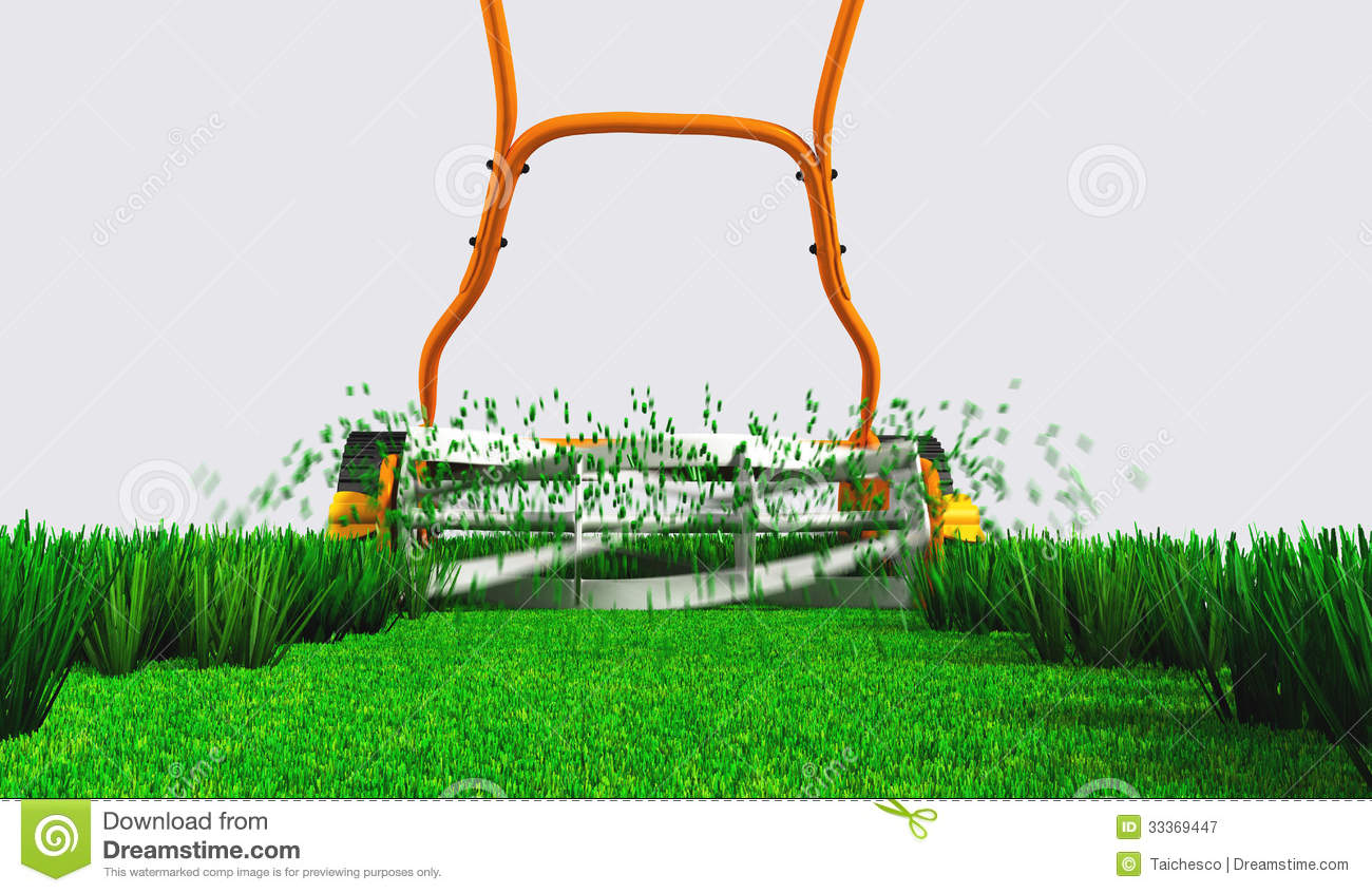 Back Bottom View Of An Orange Push Lawn Mower In Movement That Is
