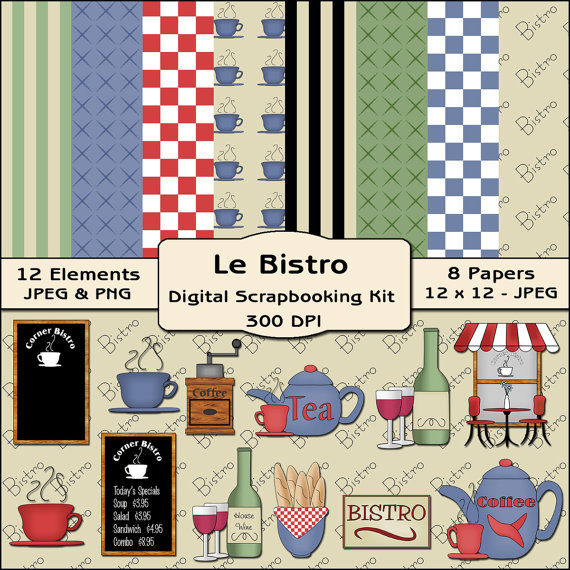 Bistro Restaurant Digital Scrapbooking Kit   Food Clipart Restaurant