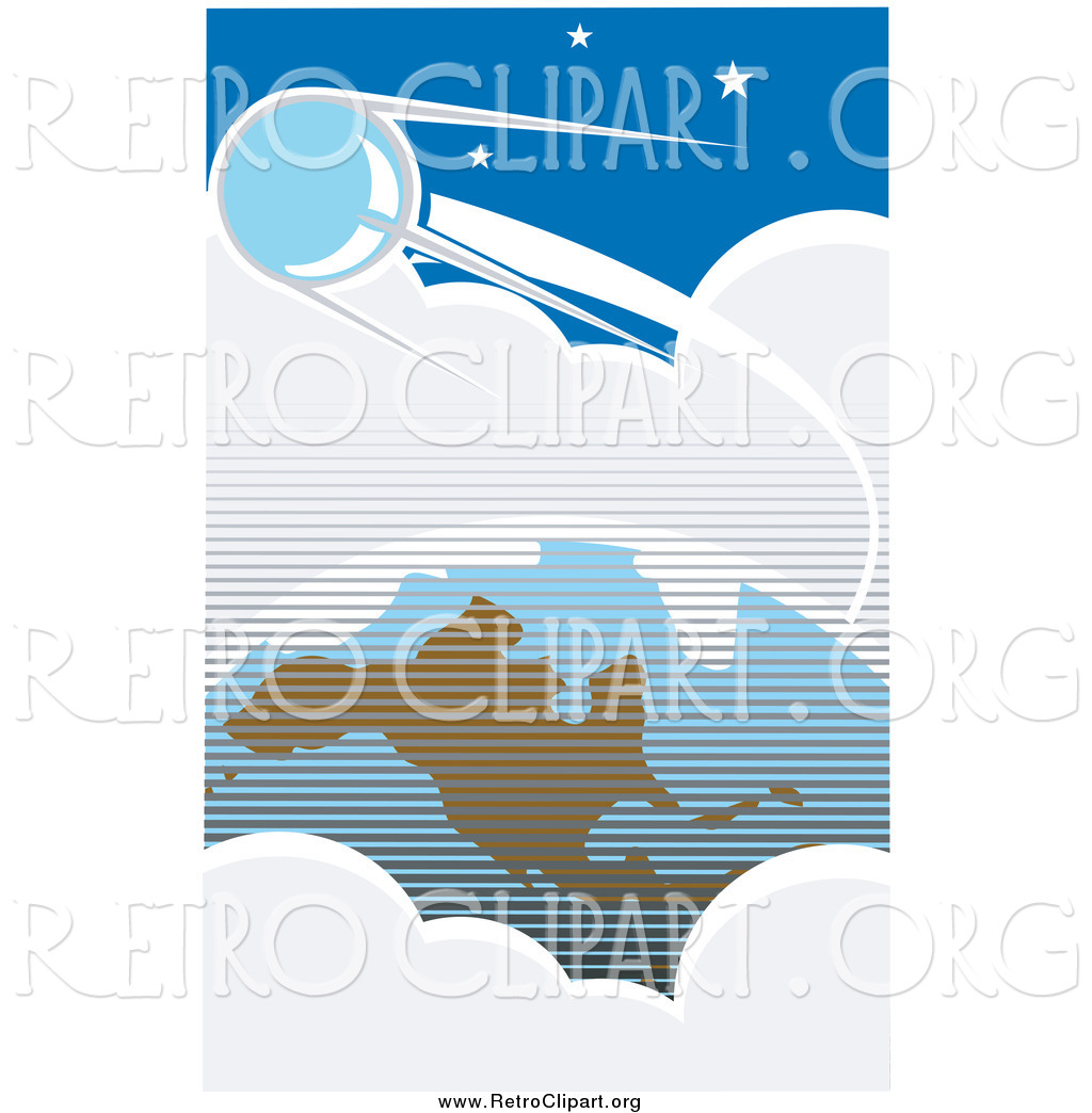 Clipart Of A Retro Sputnik Orbiting Around Clouds And Earth