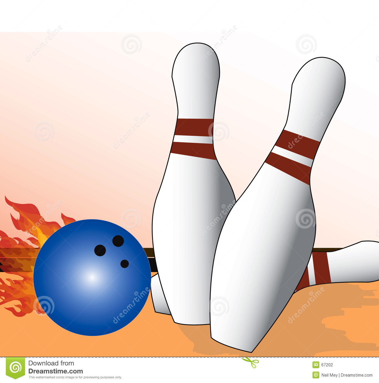 Flaming Bowling Ball Hitting Pins On The Alley Clip Art Illustration