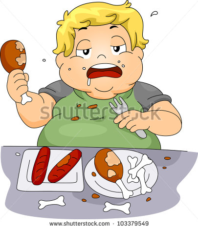Illustration Of An Overweight Boy Binge Eating   Stock Vector