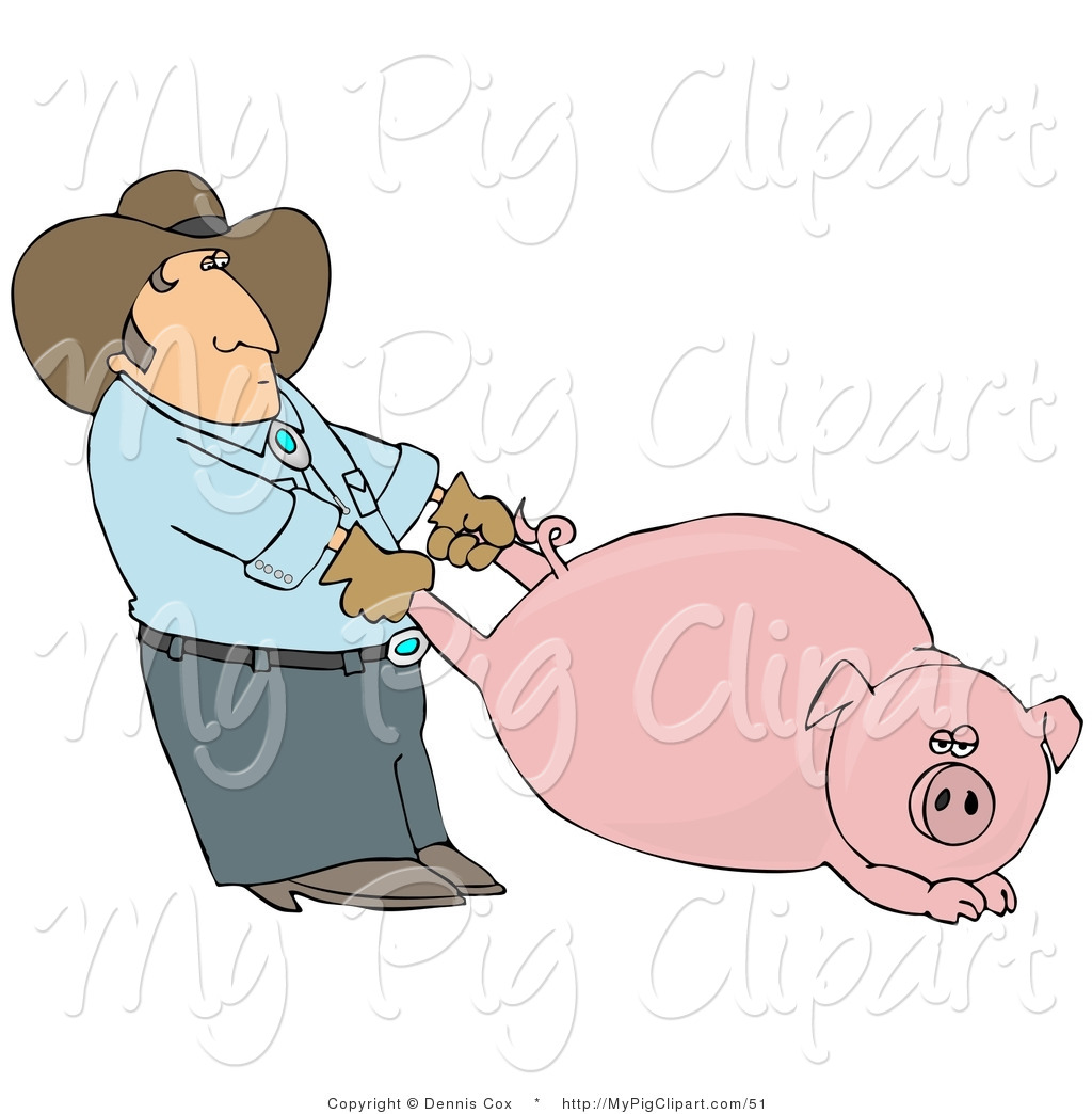Larger Preview  Swine Clipart Of A Farmer Man Pulling A Fat Swine By    