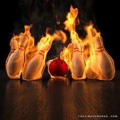 Red Bowling Ball Knocks Down Flaming Skittles  3d Illustration  3d