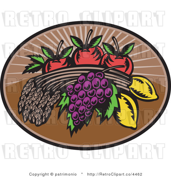 Royalty Free Retro Wheat Grapes Lemons And Apples Over Brown Ray