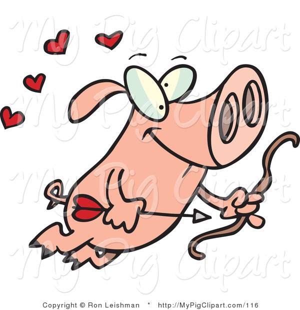 Swine Clipart Of A Cute Pink Cupid Pig Flying With A Bow And Arrow    