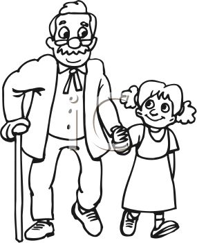 Black And White Cartoon Of A Little Girl Helping An Old Man Cross The