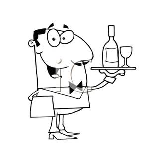 Black And White Cartoon Of A Waiter Serving Wine   Royalty Free