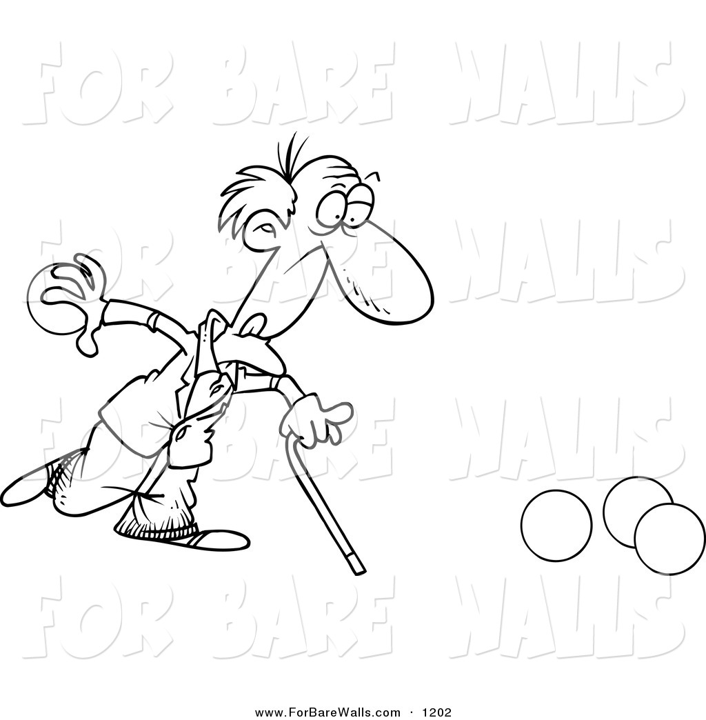 Black And White Outline Design Of An Old Man Playing Bowls On White By