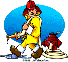 Cartoon Fireman With Hose And Hydrant