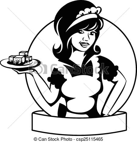 Clip Art Vector Of Waitress With A Dish Black And White Vector