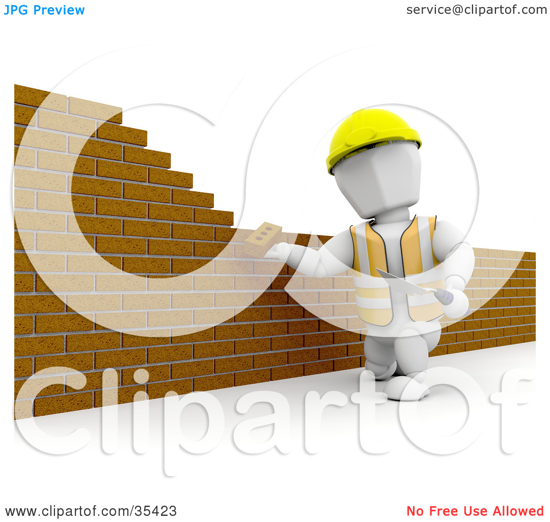 Clipart Illustration Of A White Character Putting Up A Brick Wall With