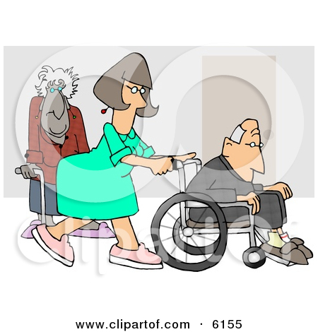 Female Nurse Pushing A Senior Man S Wheelchair Past An Old Lady Using