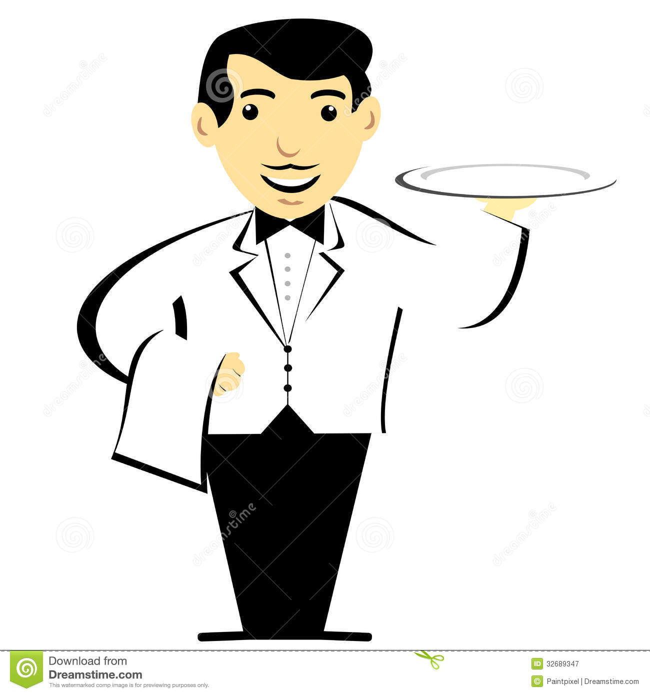 French Waiter Mustache White Jacket Bow Tie Black Trousers Holding