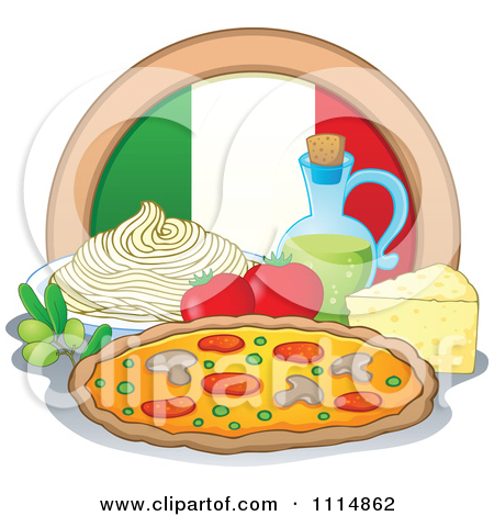 Italian Food With A Flag Circle Spaghetti Oil Pizza Cheese Olives And