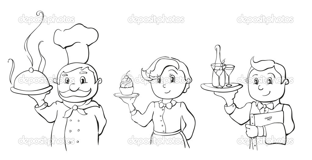 Line Drawing Of The Chef Waiter And Waitress   Stock Vector   Eva    