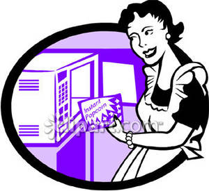 Retro Woman Making Microwave Popcorn   Royalty Free Clipart Picture