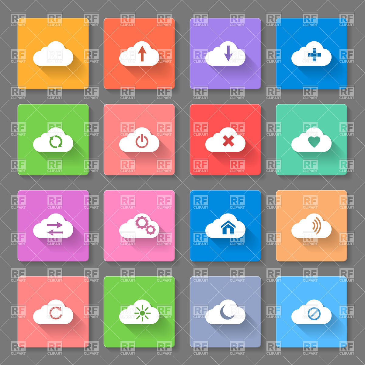 Set Of Flat Icons With Clouds With Long Shadows For Web Design And    