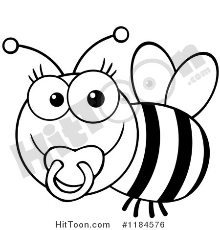     Black And White Baby Bee With A Pacifier Royalty Free Vector Clipart