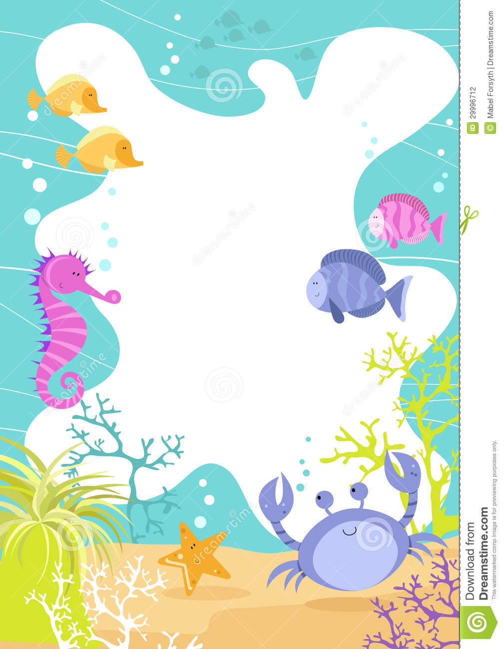 Border With Sea Creatures Waves Crab Seahorse Tropical Fish And