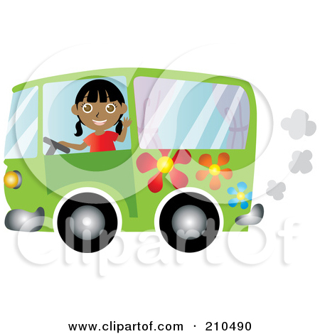 Friendly Indian Woman Waving And Driving A Green Floral Hippie Bus Van