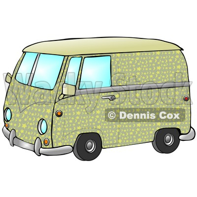 Green And Yellow Hippie Van With Patterns Of Moon And Stars Clipart    