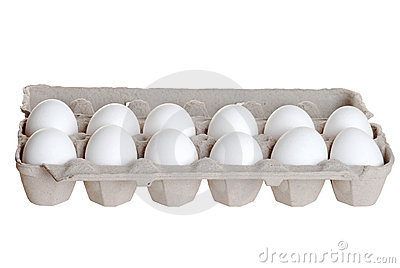 Isolated One Dozen Eggs In Carton On White Background