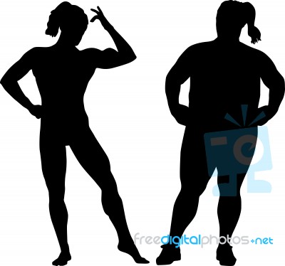 Silhouettes Of Bodybuilder And Fat Woman Stock Image   Royalty Free