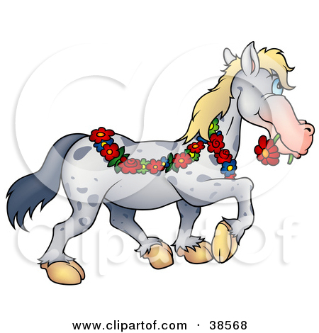 Spotted Gray Horse Draped In A Floral Garland Biting A Red D
