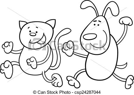 Black And White Cartoon Illustration Of Cat And Dog Playing Tag For