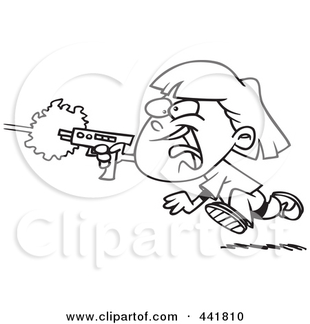 Black And White Outline Design Of A Girl Shooting A Gun And Playing