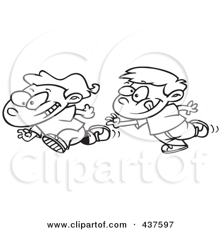 Black And White Outline Design Of Boys Playing Tag By Ron Leishman