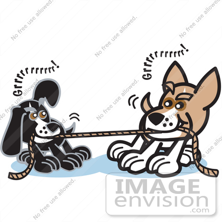 Cartoon Clip Art Graphic Of A Two Dogs Growling While Playing Tug Of