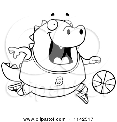 Cartoon Clipart Of A Black And White Chubby Lizard Playing Basketball