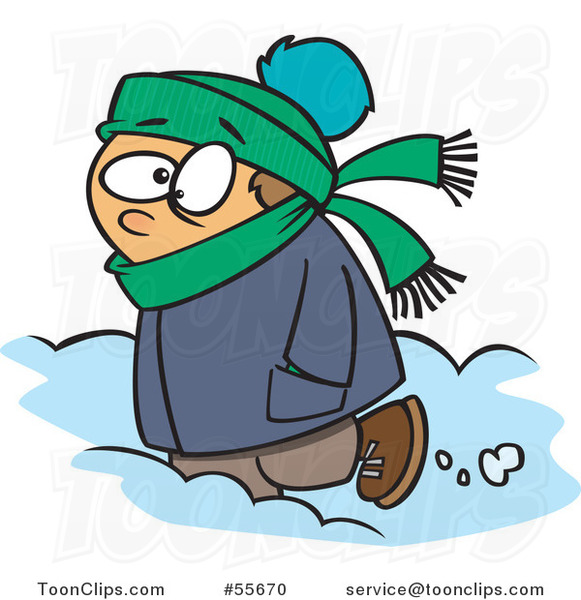 Cartoon White Boy Trudging Through Snow  55670 By Ron Leishman