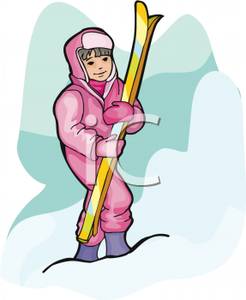 Child Walking In Snow Holding Snow Skiis   Royalty Free Clipart