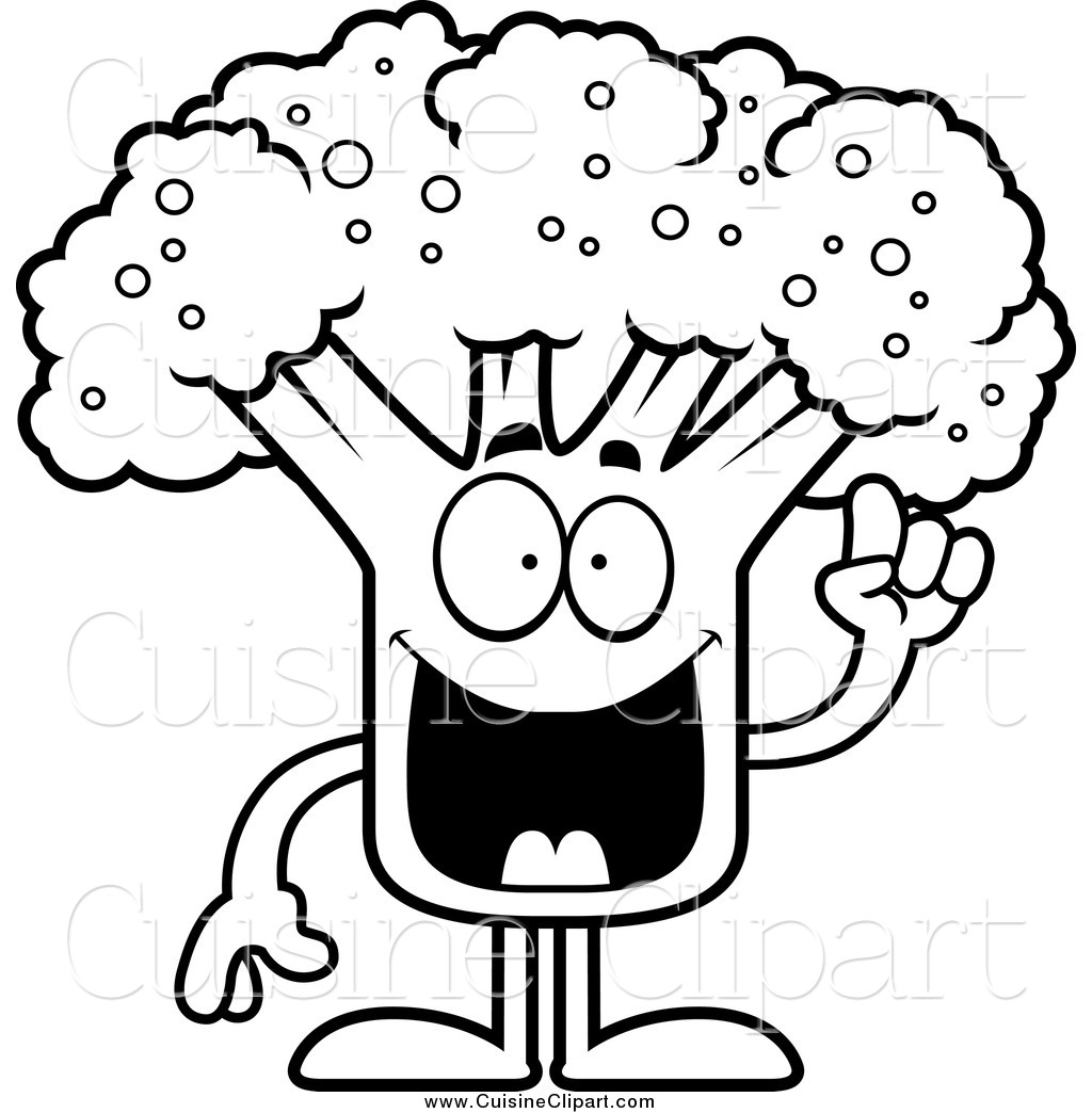 Cuisine Clipart Of A Black And White Broccoli Mascot With An Idea By
