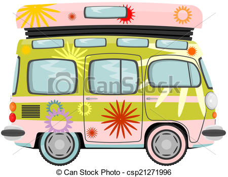 Eps Vectors Of Hippy Bus   Funny Cartoon Retro Van Or Small Bus Vector