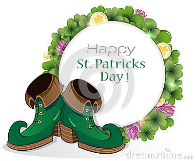 Leprechaun Shoes With Gold Coins On Clover Background With Round Place