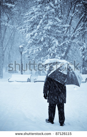 Lonely Old Man With Umbrella Walking Under The Snow Selenium Toned