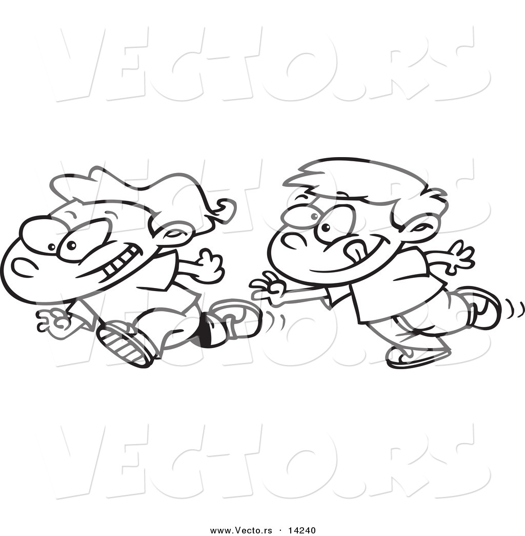Of A Cartoon Boys Playing Tag   Coloring Page Outline By Ron Leishman